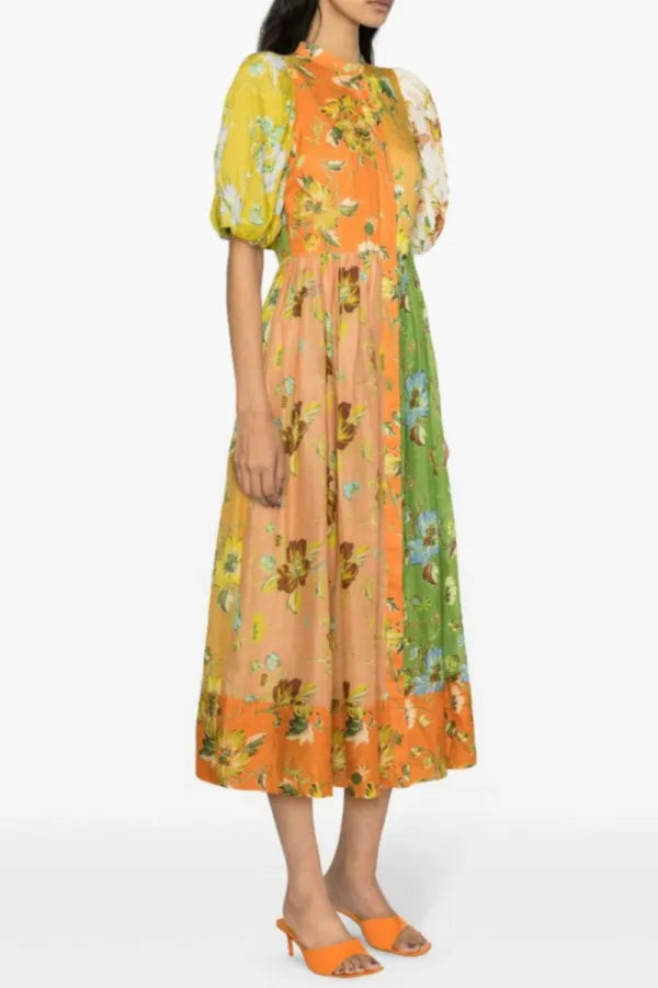 Casual Print Patchwork POLO Collar Long Dresses