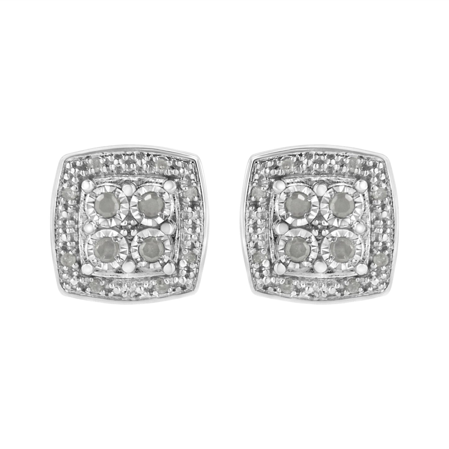 .925 Sterling Silver 1/4 cttw Round Cut Diamond Square Shape Milgrain Stud Earrings (I-J Color, I3 Clarity)-0