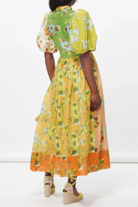 Casual Print Patchwork POLO Collar Long Dresses