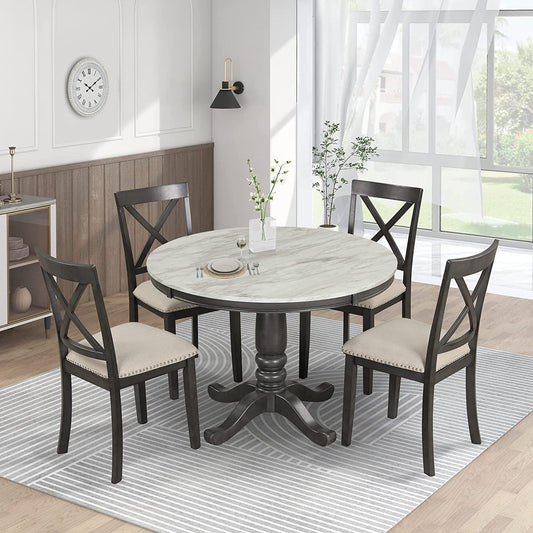 Wood 5-Piece round Dining Table Set with Cushioned Chairs-1