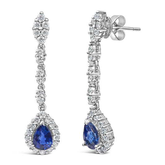18K White Gold 1 3/5 Cttw Diamond and 7X5 MM Pear Shaped Blue Sapphire 1 1/3 Inch Drop and Dangle Halo Earrings (G-H Color, VS1-VS2 Clarity)-1