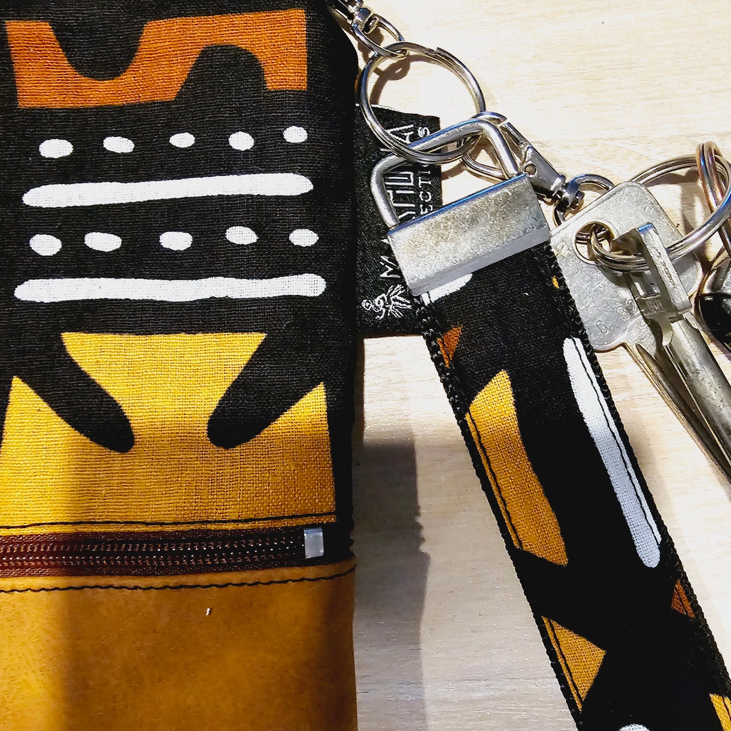 Handmade Phone Bag and Keyfob Set | African Ankara Print Fabric | Vegan Leather Detail | Adjustable Shoulder Strap-3