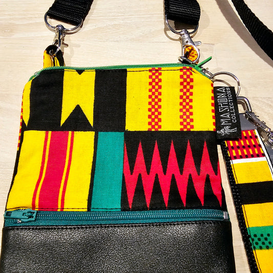 Handmade Phone Bag and Keyfob Set | African Ankara Print Fabric | Vegan Leather Detail | Adjustable Shoulder Strap-1