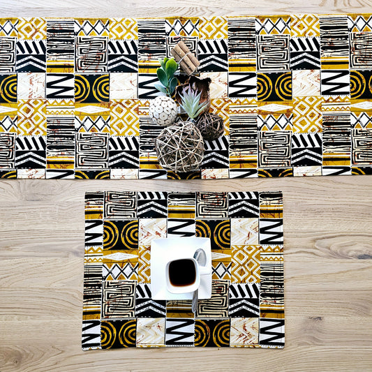 Handmade Table Runner and Set of 8 Placemats | African Print "Mudcloth" Bogolan Inspired Print Made from 100% African Print Fabric-1
