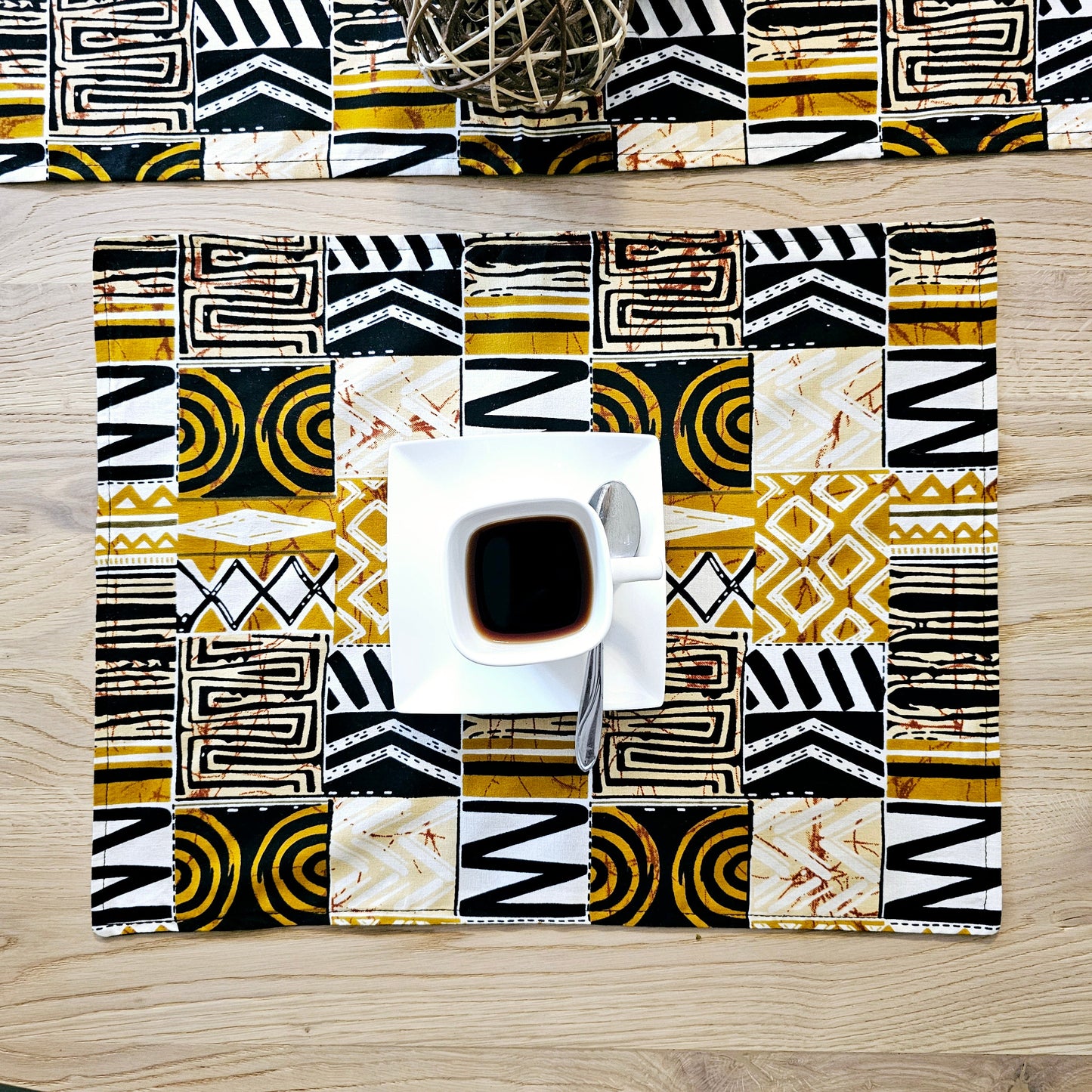 Handmade Table Runner and Set of 8 Placemats | African Print "Mudcloth" Bogolan Inspired Print Made from 100% African Print Fabric-2
