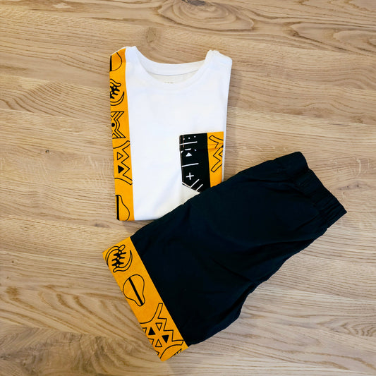 T-shirt and Cotton Pull Up Shorts Set with African Print Detail..-1
