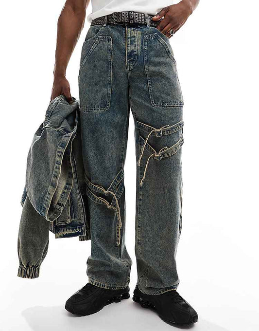 Liquor N Poker textured stacked jeans in stone wash - part of a set