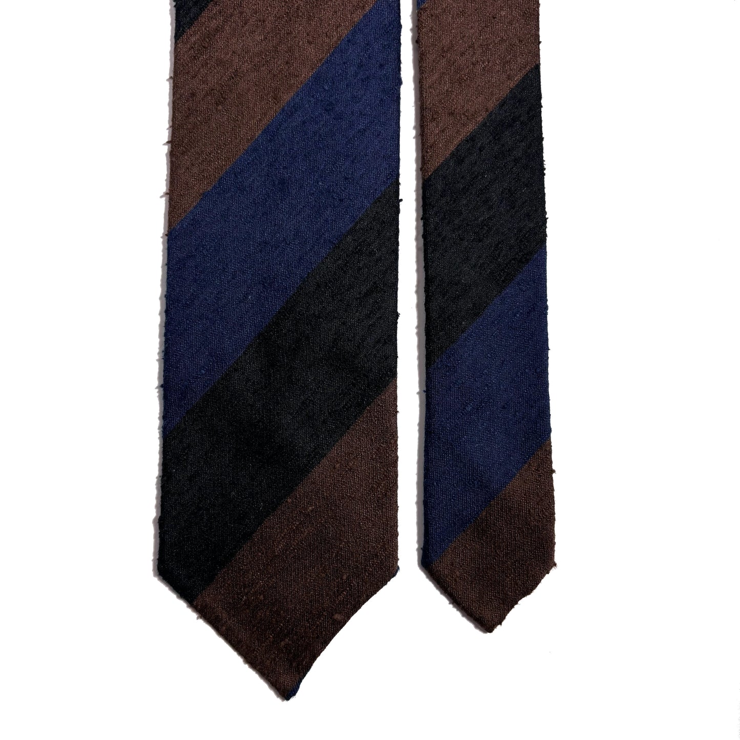 Untipped Blue / Brown Block Stripe Silk Shantung Tie-3