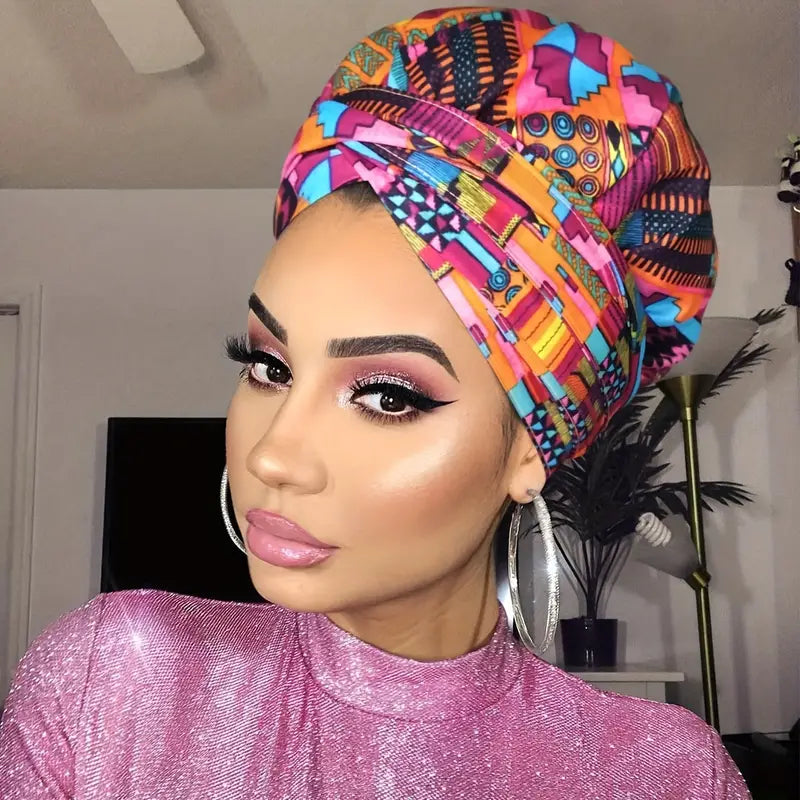 Boho Geometric Print Turban Hat Satin-Lined Head Wraps Vintage Lace Up Headscarf Beanies Bandanas For Women