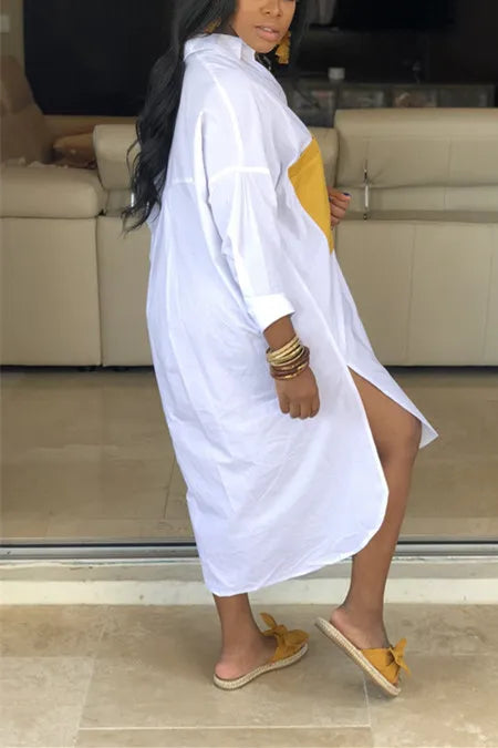 Fluorescent Green Fashion Shirt Stitching Pocket Dress