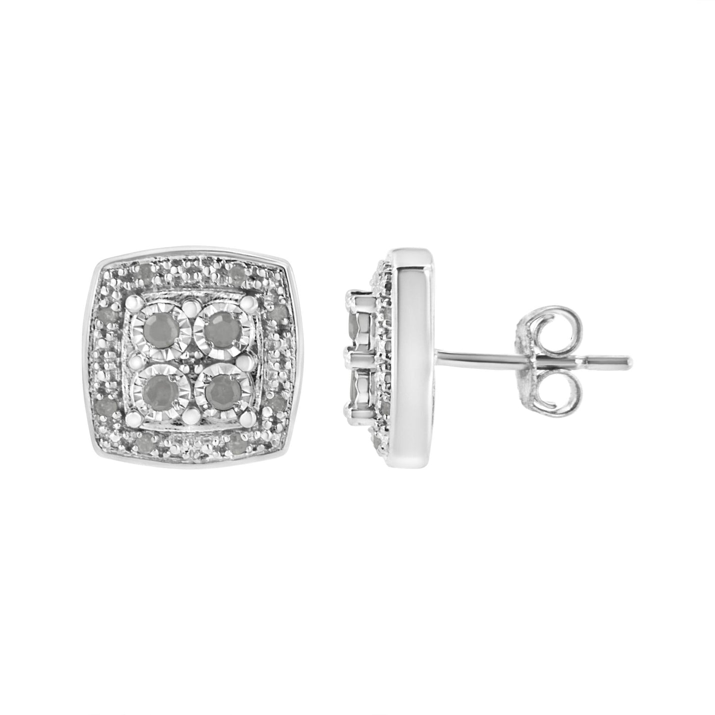 .925 Sterling Silver 1/4 cttw Round Cut Diamond Square Shape Milgrain Stud Earrings (I-J Color, I3 Clarity)-2