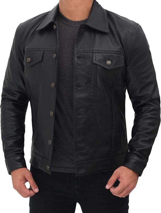 Fernando Men's Button Up Leather Shirt Black-1
