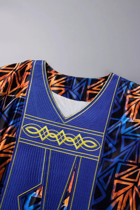 Blue Casual Print Patchwork V Neck Long Dress Plus Size Dress