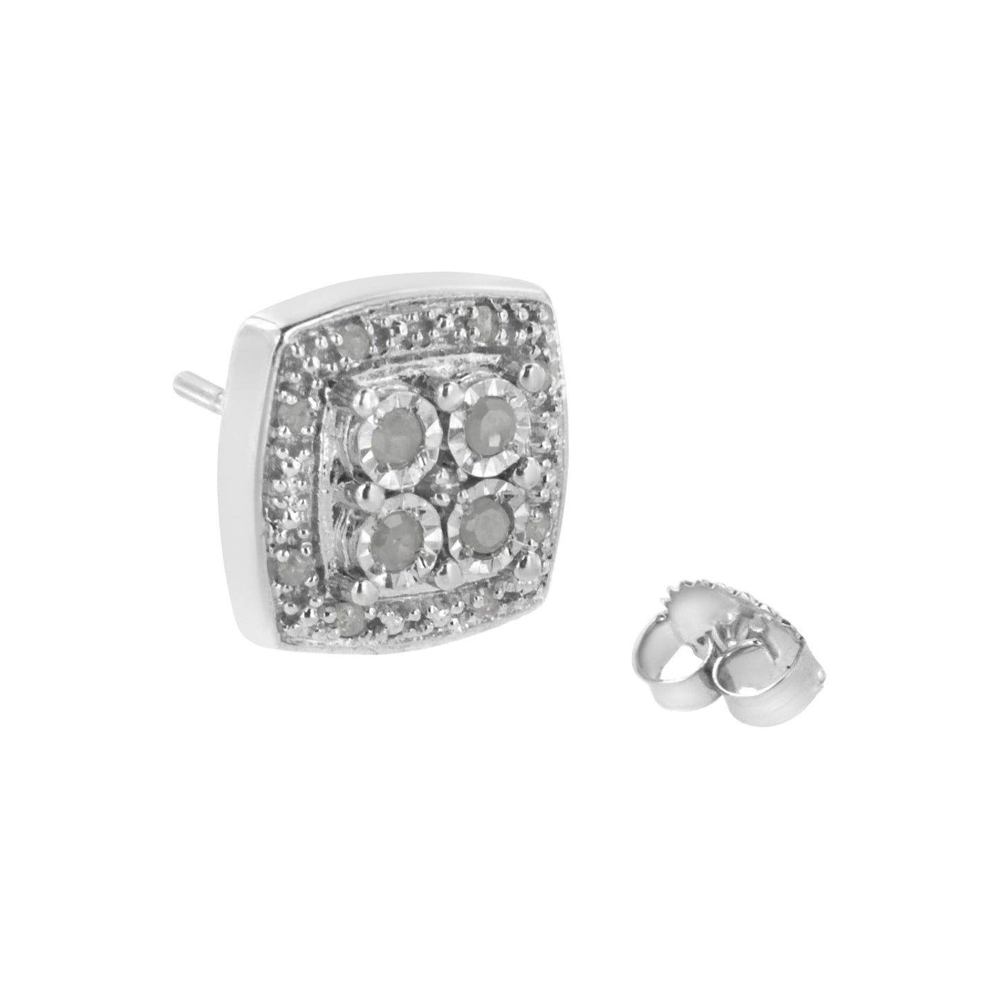 .925 Sterling Silver 1/4 cttw Round Cut Diamond Square Shape Milgrain Stud Earrings (I-J Color, I3 Clarity)-3