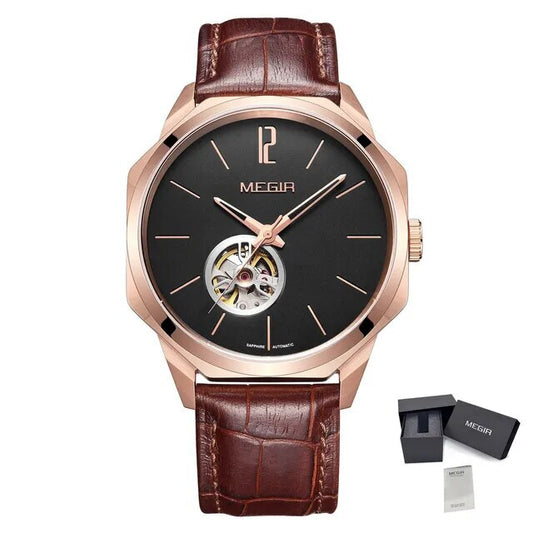 MEGIR Retro Men's Wristwatch Luxury Automatic Mechanical Watches Leather Strap Sapphire 5ATM Waterproof Watch Relogio Masculino-10