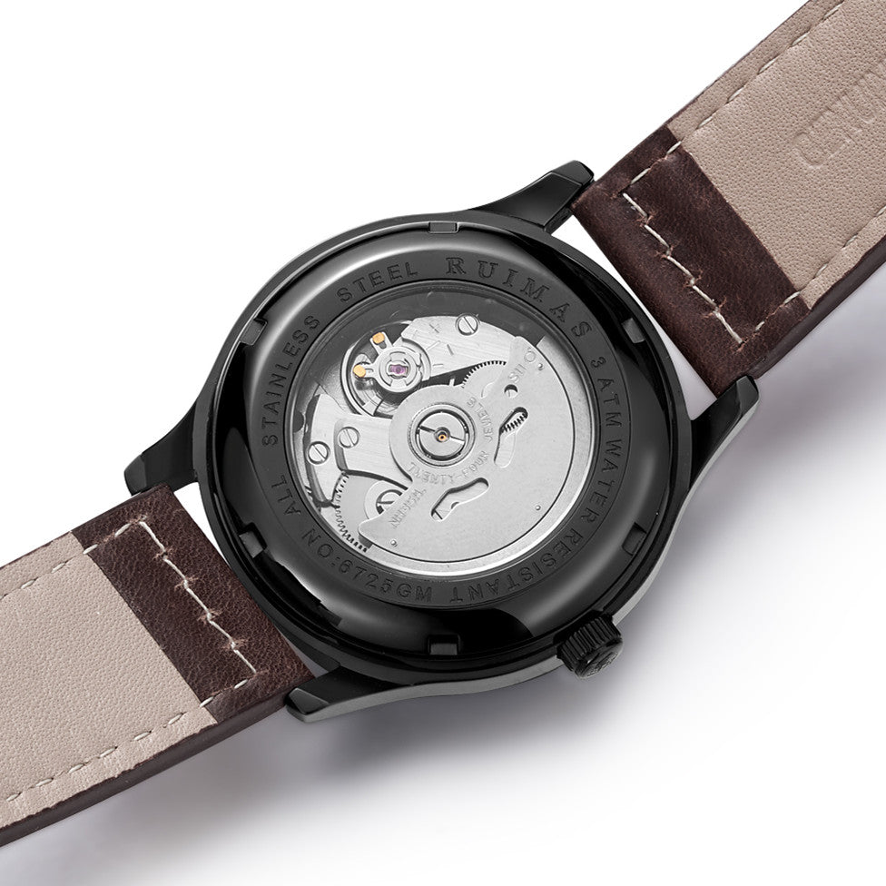 RUIMAS Men Watches Fashion Automatic Mechanical Watch Date Waterproof Business Clock Leather Strap Wristwatch 6725-9