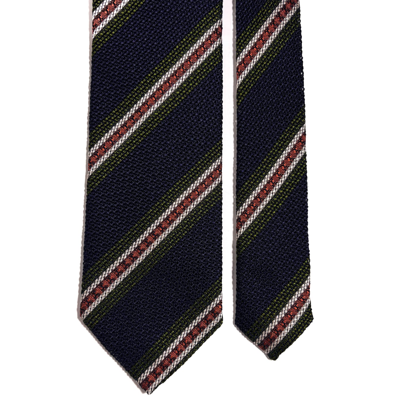 Navy Blue & Orange/Green Stripe Silk Grenadine Tie (Garza Fina)-2