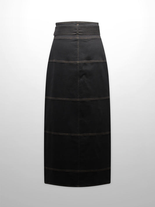 Stitched Tiered Belted Denim Skirt-Black-1