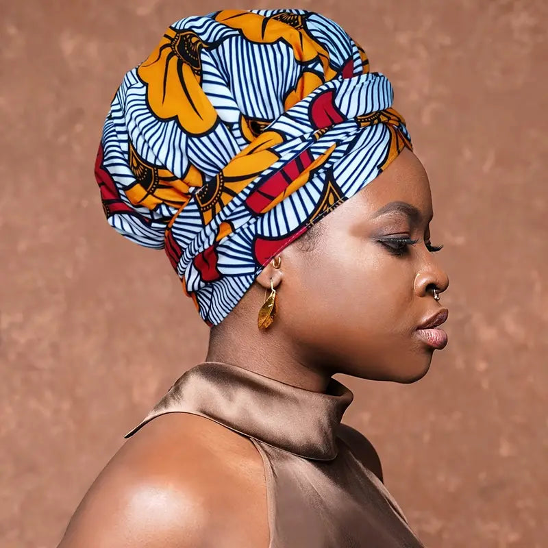 Boho Geometric Print Turban Hat Satin-Lined Head Wraps Vintage Lace Up Headscarf Beanies Bandanas For Women