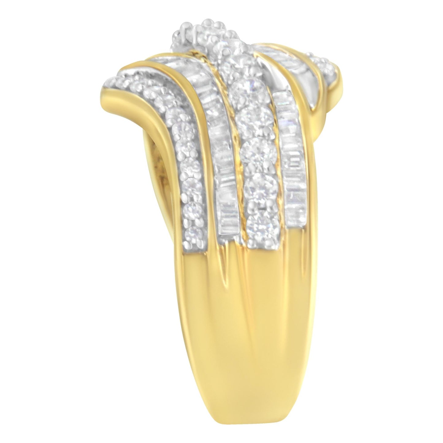 10K Yellow Gold 1.0 Cttw Baguette and Round Diamond Multi-Row Wave Bypass Ring (I-J Color, I1-I2 Clarity)-4