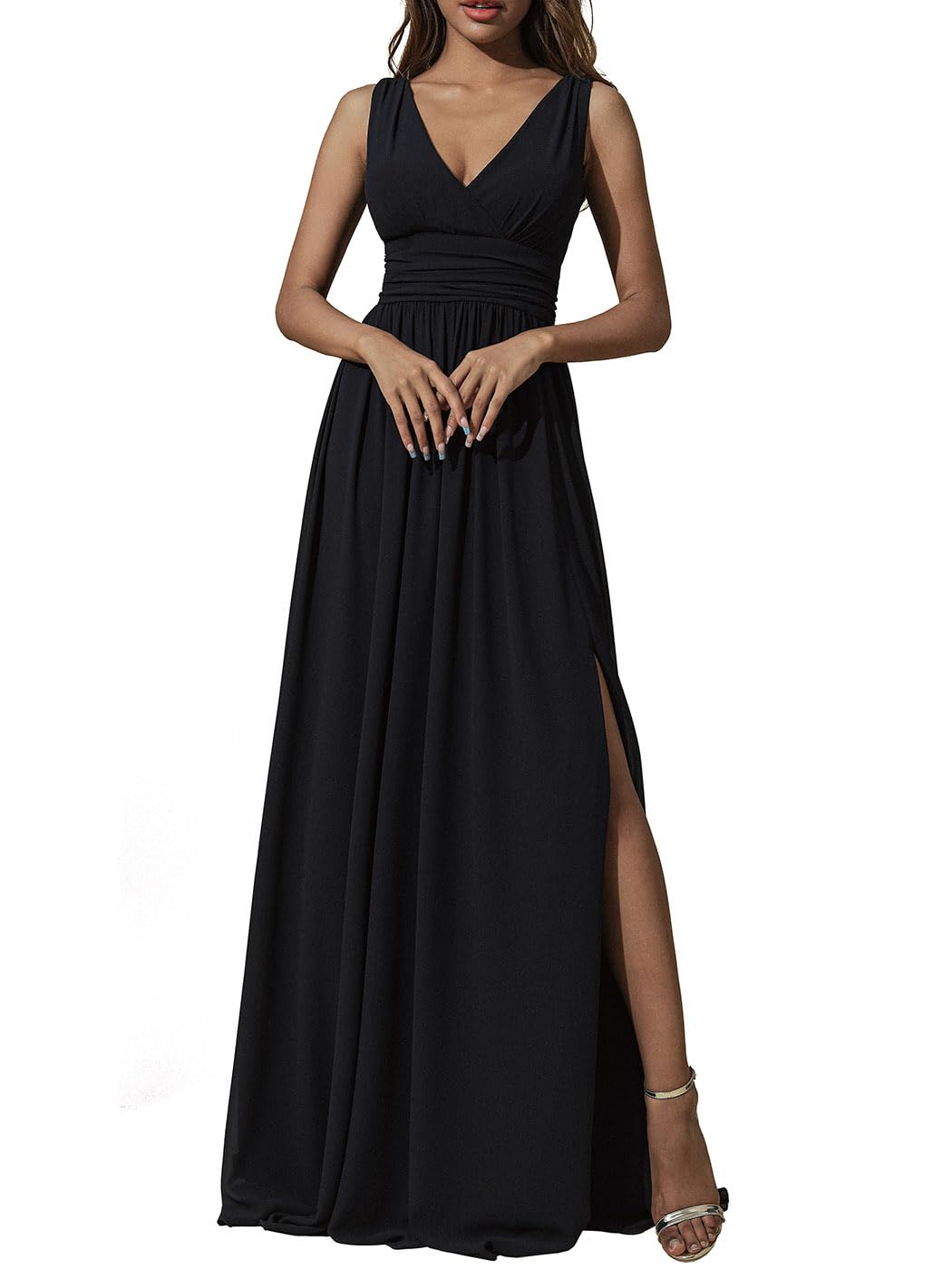 JAKAWIN Women’s V Neck Sleeveless Split Formal Dress Cocktail Evening Party Prom Long Bridesmaid Dresses(Black, 8)