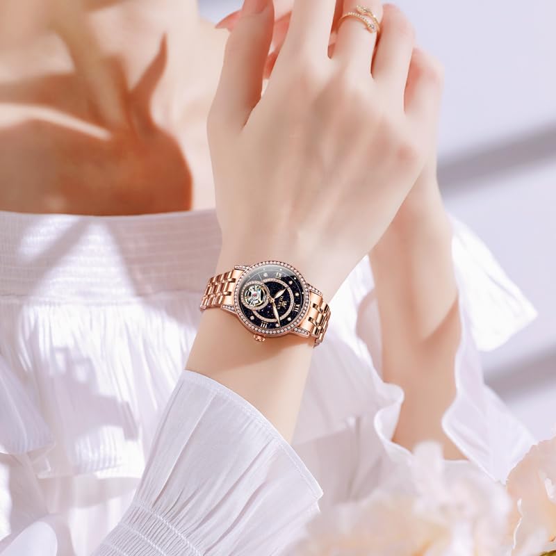 OLEVS Women’s Watch Automatic Diamond Tourbillon Luxury Fashion Stainless Steel Waterproof Luminous Wrist Watches for Ladies Gift Rose Gold/Starry Sky Blue/Silver