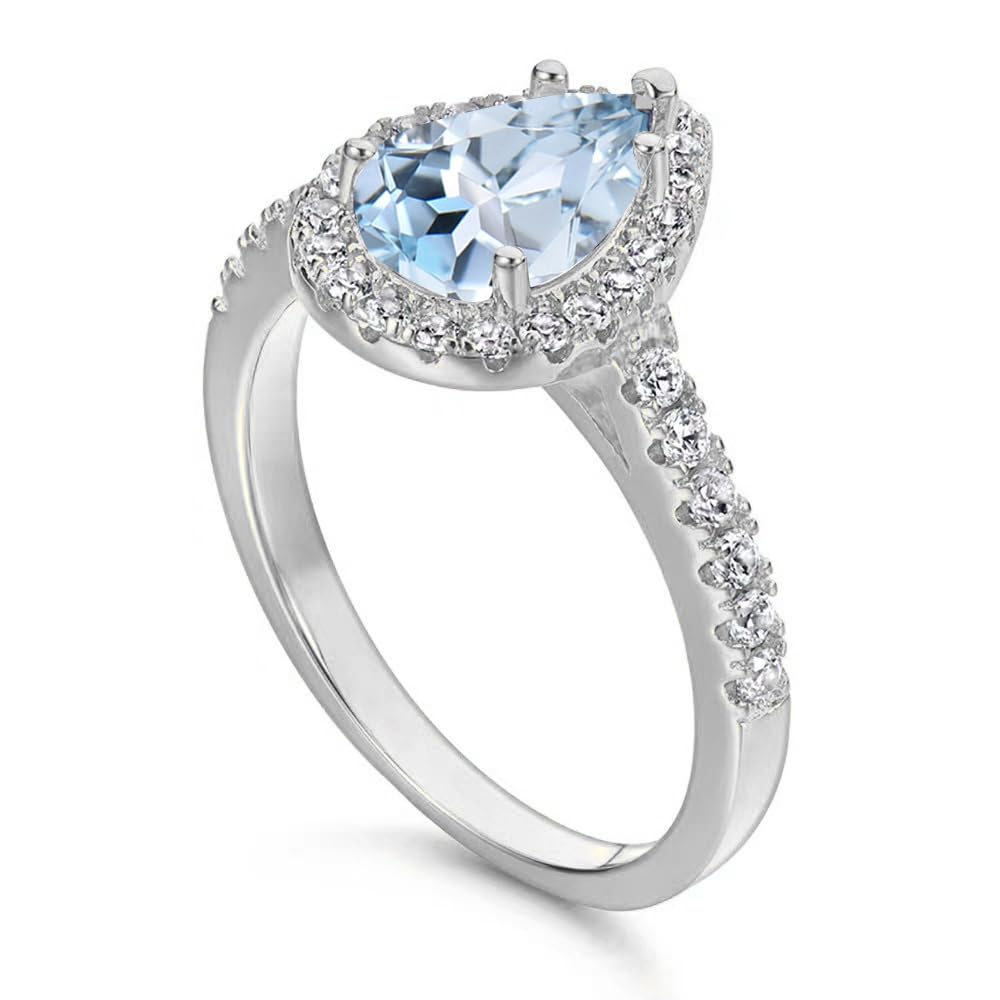 SISGEM Aquamarine Engagement Ring with Natural Diamond,10k Gold 1.0 Carat Pear Cut Natural Aquamarine Rings Engagement Wedding Anniversary Promise Bridal Bands Free Engraved