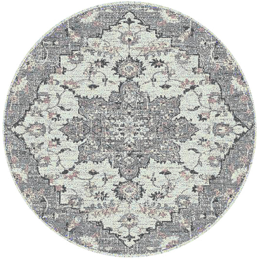 7' Gray Medallion Power Loom Round Rug-1