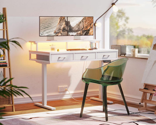 Electric Standing Desk with Drawers, 47 Inch Height Adjustable Small Desk with Power Outlets & LED Lights, Sit Stand Table with Monitor Stand for Home, Office, Workstation, White-1