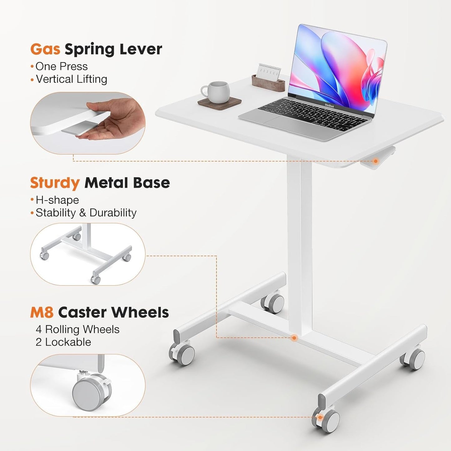 Mobile Small Stading Desk - Sit Stand Desk, Portable Rolling Laptop Desk with Lockable Wheels, Computer Workstations, Adjustable Height, White-4