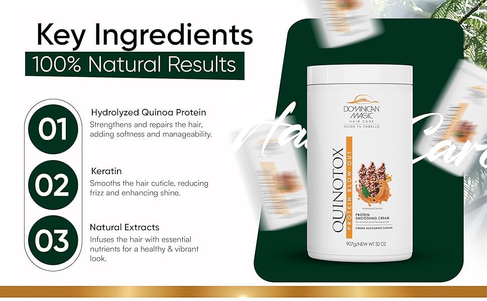 Dominican Magic Quinotox Protein Smoothing Cream, Quinoa Hair Botox, Keratin, Volume and Frizz Control, All Hair Types