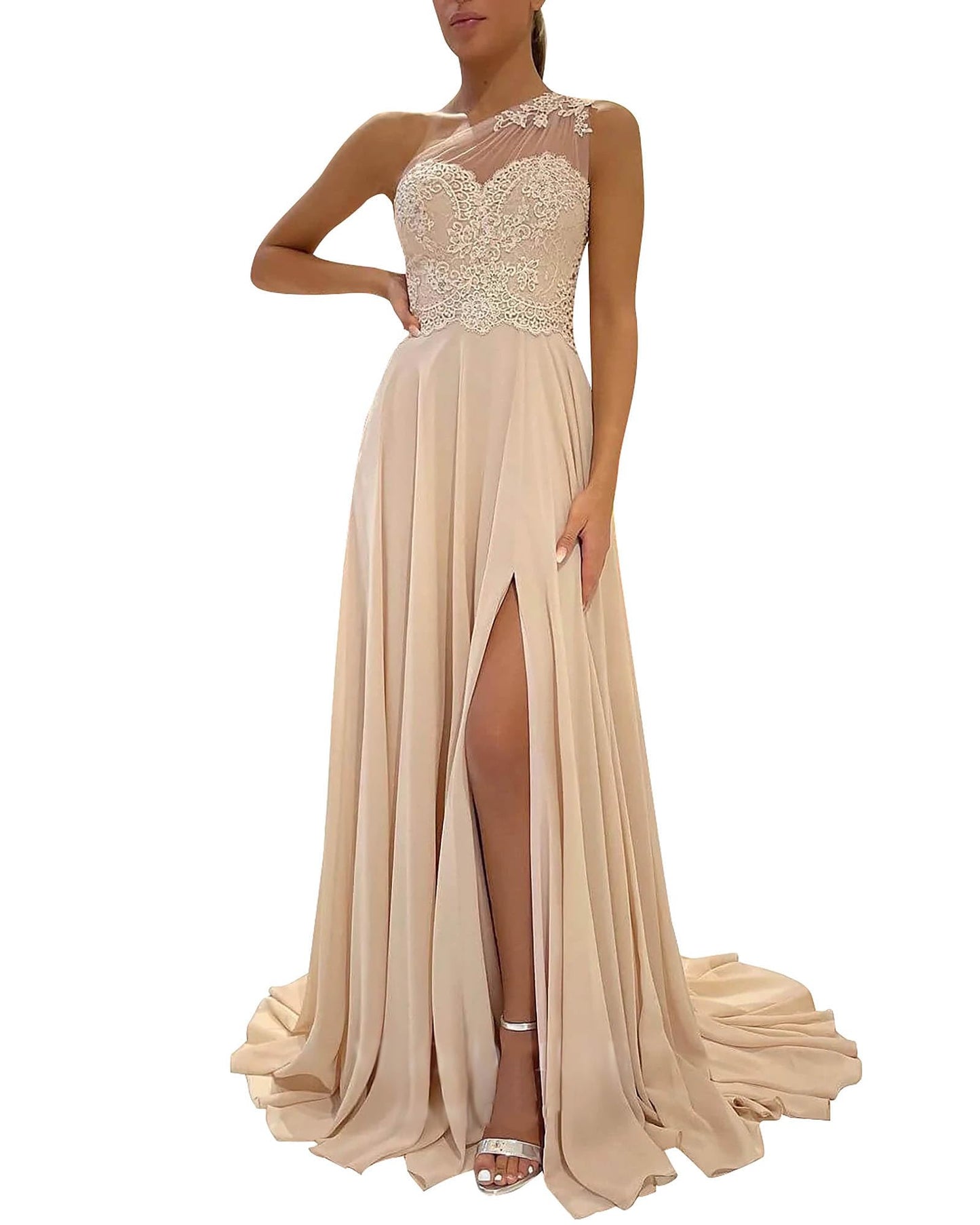LANGKAAO One Shouder Bridesmaid Dresses Long for Wedding A-Line Chiffon Formal Party Gown with Pockets Champagne Size 10