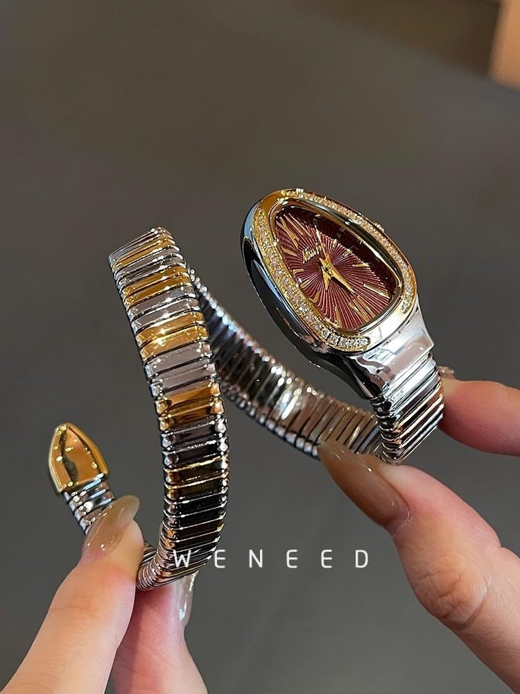 DAXIAOYU Classic Snake Shape Watch for Women Gold Silver Scaleable Bracelet Womens Watches Bling Diamonds Quartz Ladies Wristwatch (silvergold-red)