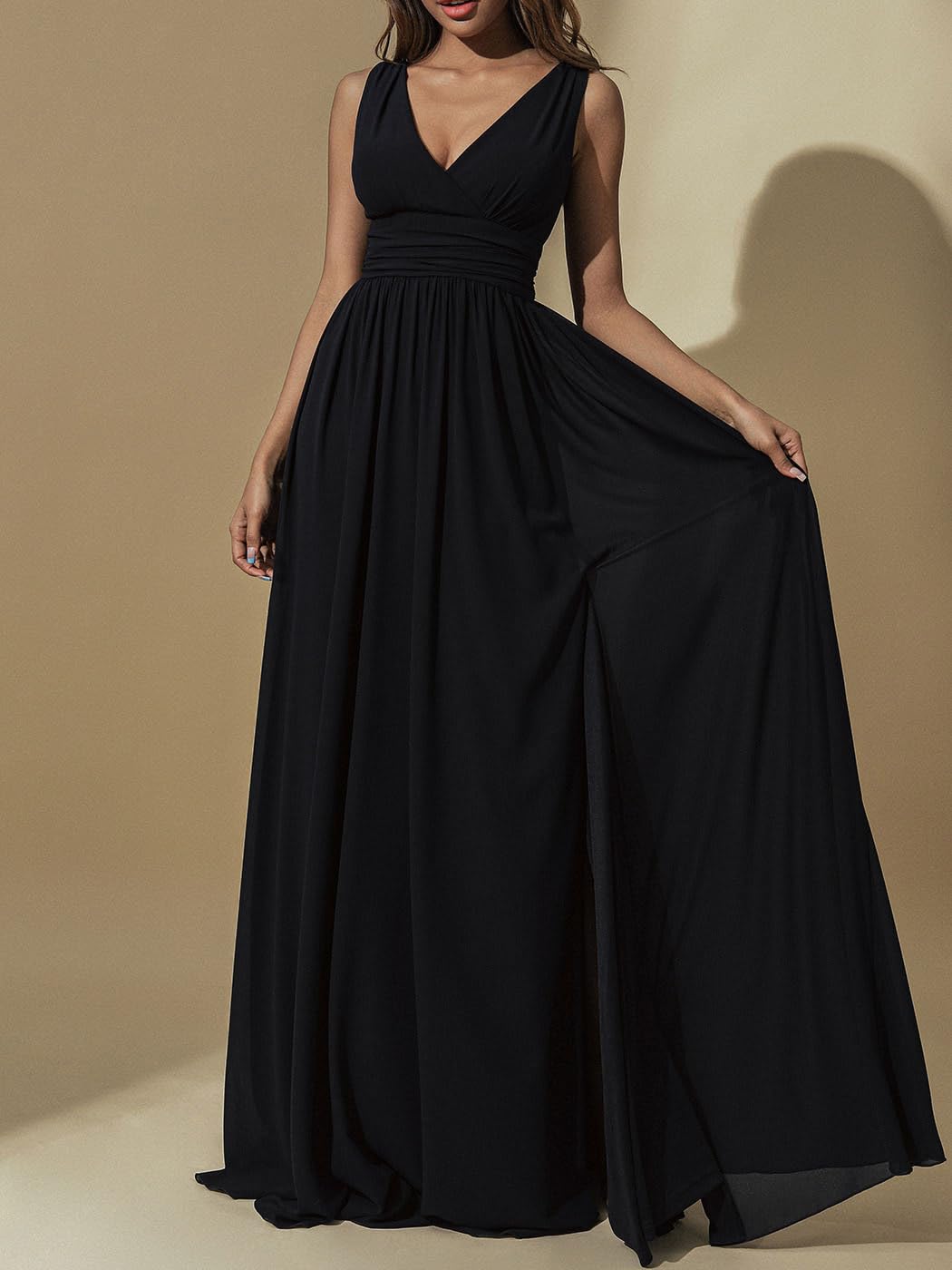JAKAWIN Women’s V Neck Sleeveless Split Formal Dress Cocktail Evening Party Prom Long Bridesmaid Dresses(Black, 8)