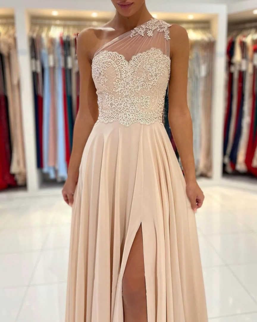 LANGKAAO One Shouder Bridesmaid Dresses Long for Wedding A-Line Chiffon Formal Party Gown with Pockets Champagne Size 10