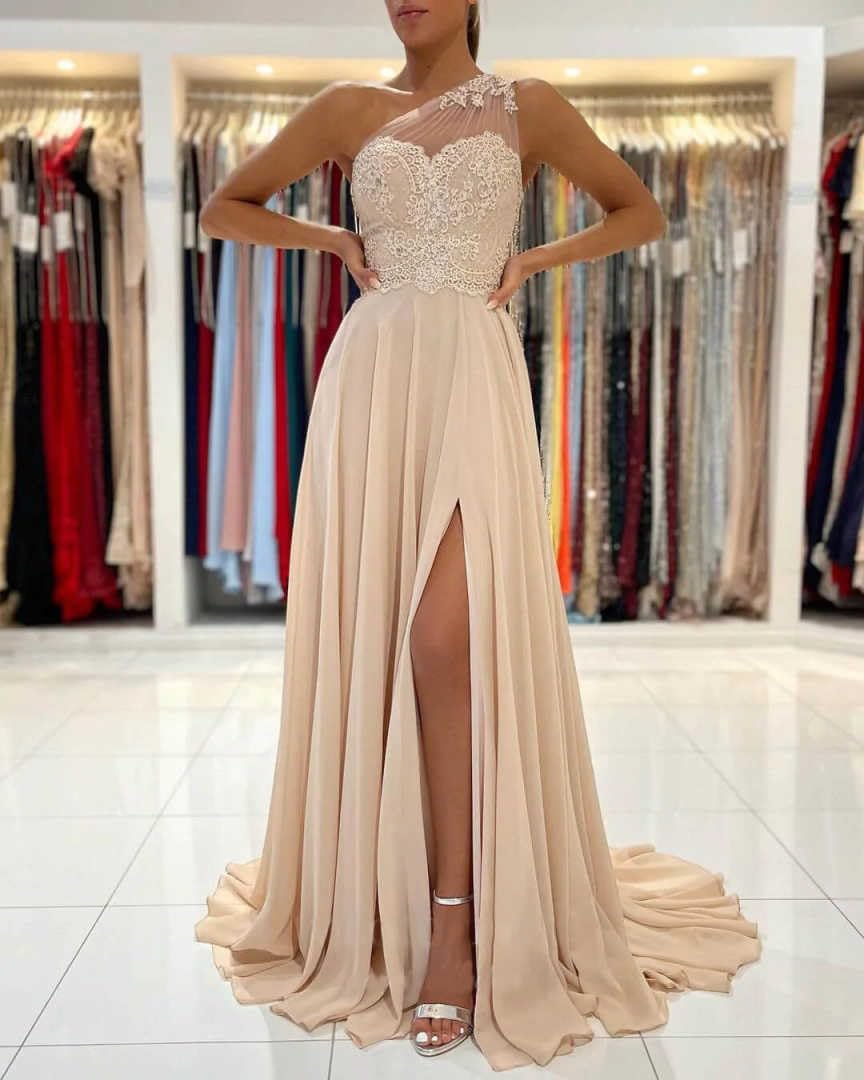 LANGKAAO One Shouder Bridesmaid Dresses Long for Wedding A-Line Chiffon Formal Party Gown with Pockets Champagne Size 10