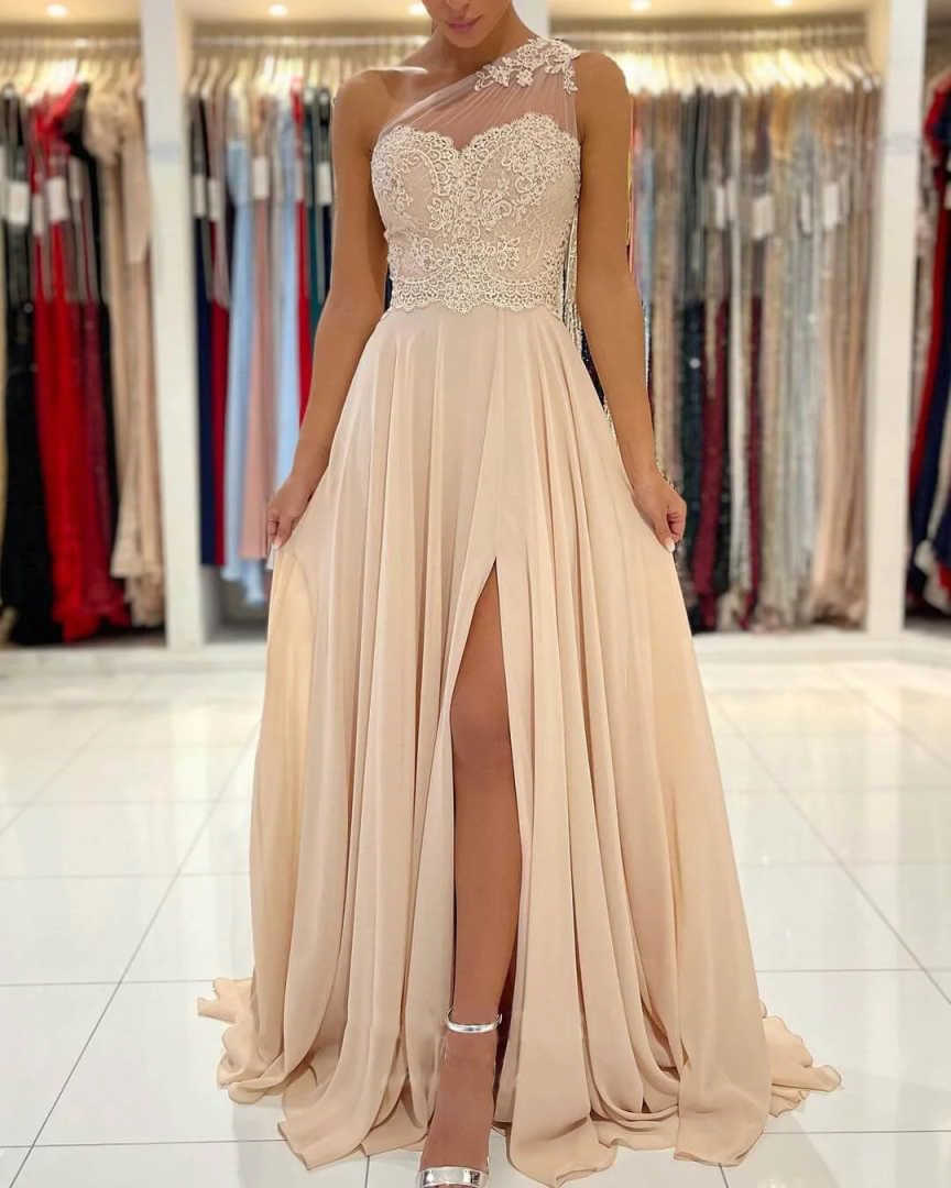 LANGKAAO One Shouder Bridesmaid Dresses Long for Wedding A-Line Chiffon Formal Party Gown with Pockets Champagne Size 10