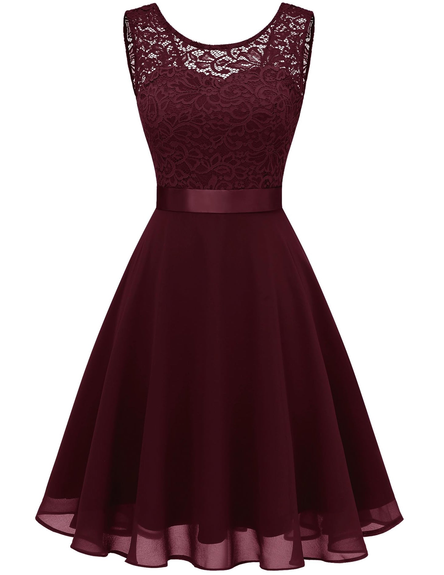 BeryLove Prom Formal Dresses for Women 2024 Wedding Guest Short Bridesmaid Dress Sleeveless Flowy Homecoming Dresses for Teens Elegant Floral Lace A Line Cocktail Party Girls Dresses 05 Burgundy M