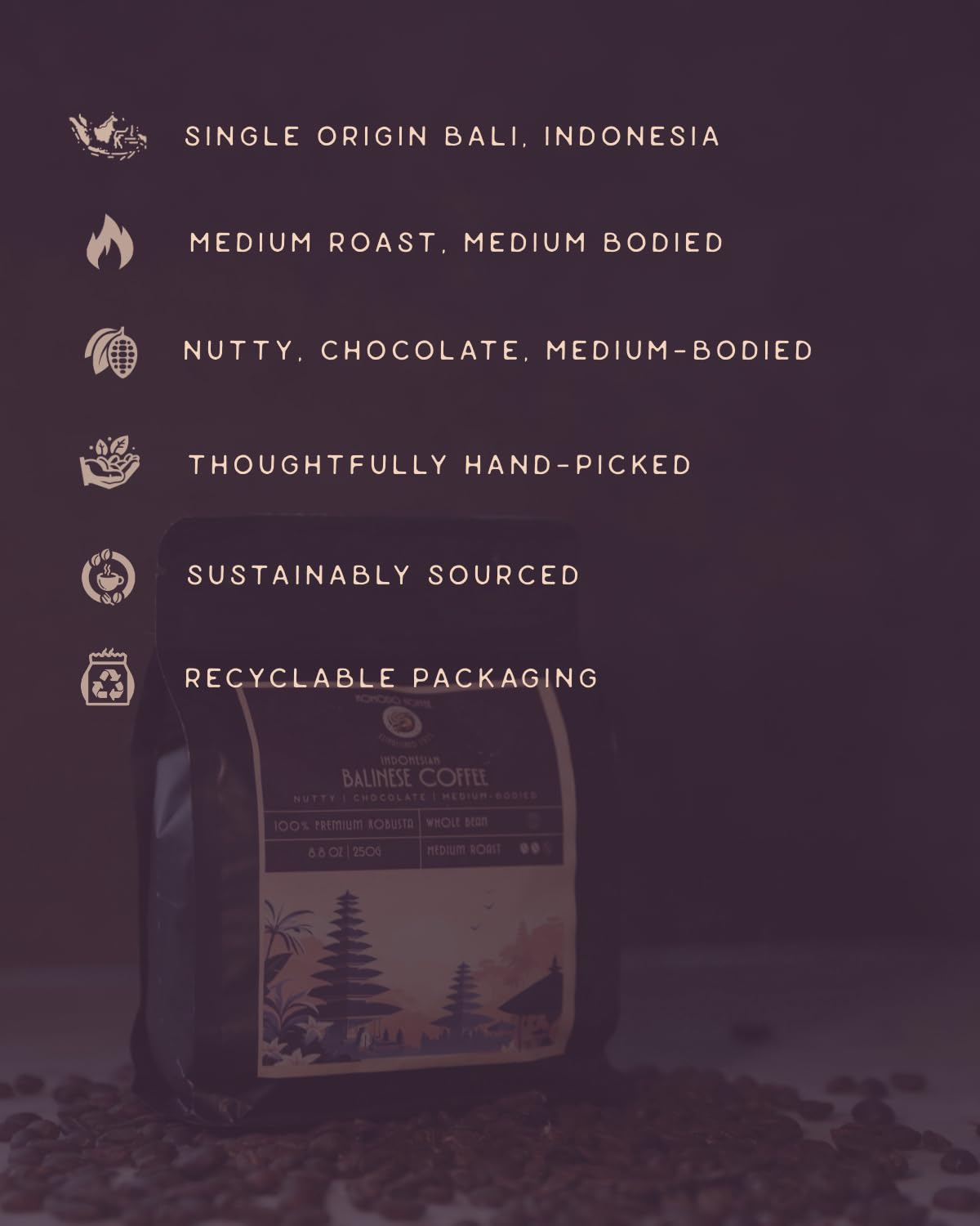 Komodo Koffee Organic Balinese Specialty Coffee sourced from Bali, Indonesia - Whole bean - Medium Roast 8.8oz (250g)
