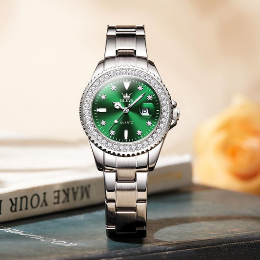 OLEVS Women Watch Silver and Green Watches for Women Small Wrist Ladies Diamond Classic Stainless Steel Dress Female Watches Analog Quartz Waterproof Date Women's Wrist Watch Luminous Reloj de Mujer