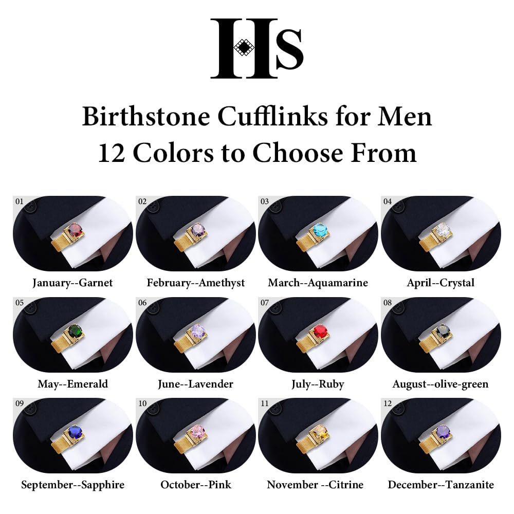 Birthstone Cufflinks for Men with Chain - Shiny Gold Tone Shirt cuff links -Wedding Business Birthday Christmas Gifts for Men.
