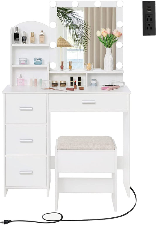 White Vanity Desk with Lighted Mirror and Charging Station-1