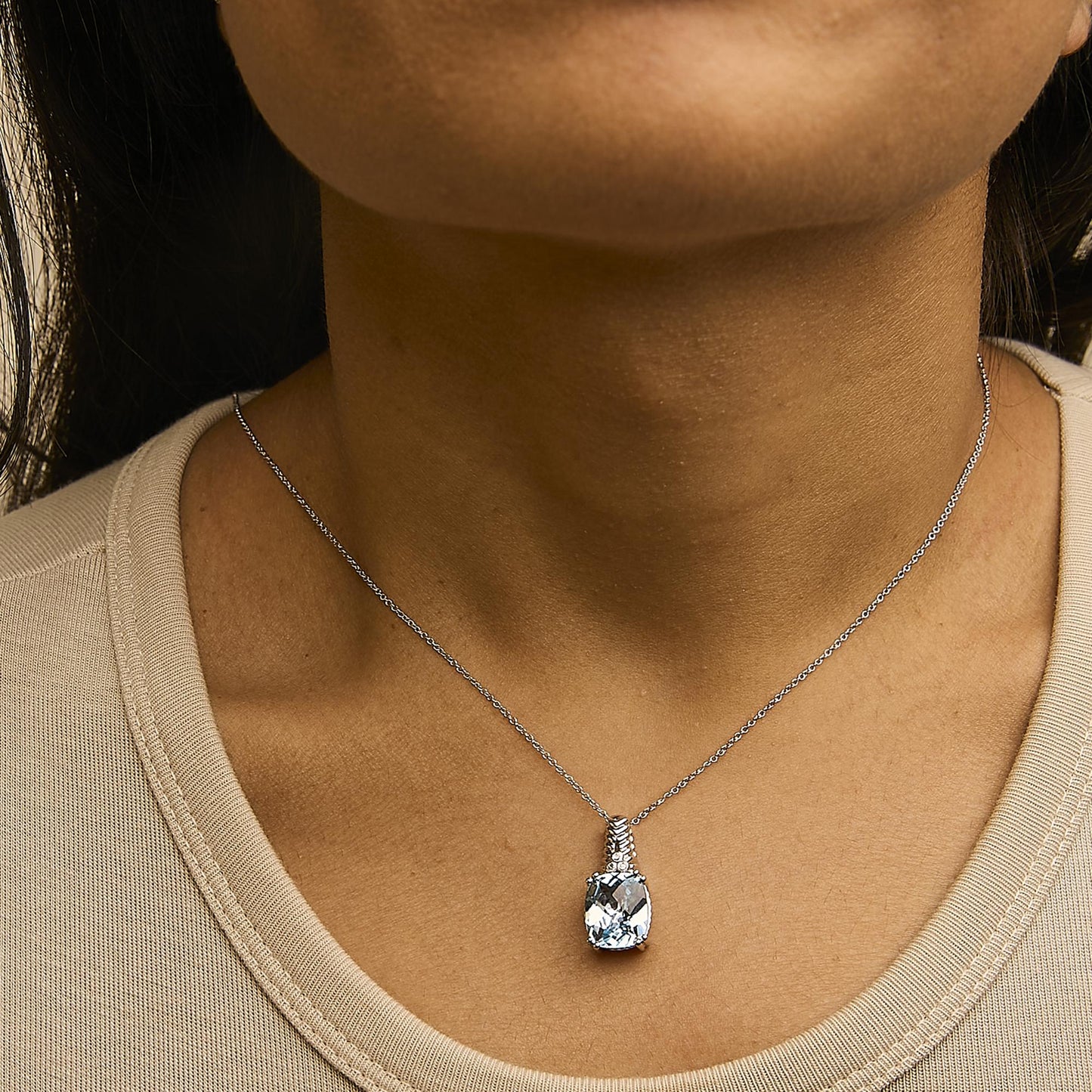 .925 Sterling Silver Blue Topaz and Diamond Accent Textured Pendant Necklace - 18" Inches-3