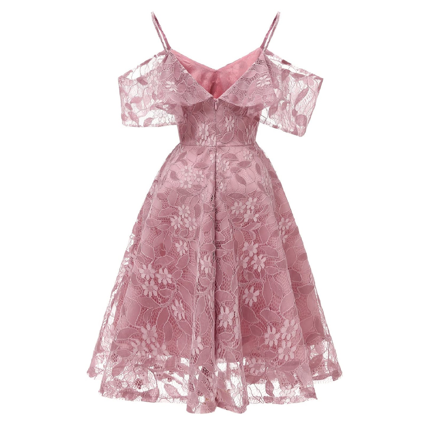 Women Floral Lace Bridesmaid Formal Party Dress Short Prom Dress V neck Spaghetti Strap Dress Cold Shoulder Ruffle Sleeve Dress Retro Backless Knee Length Wedding Guest Evening Cocktail Dress Pink M