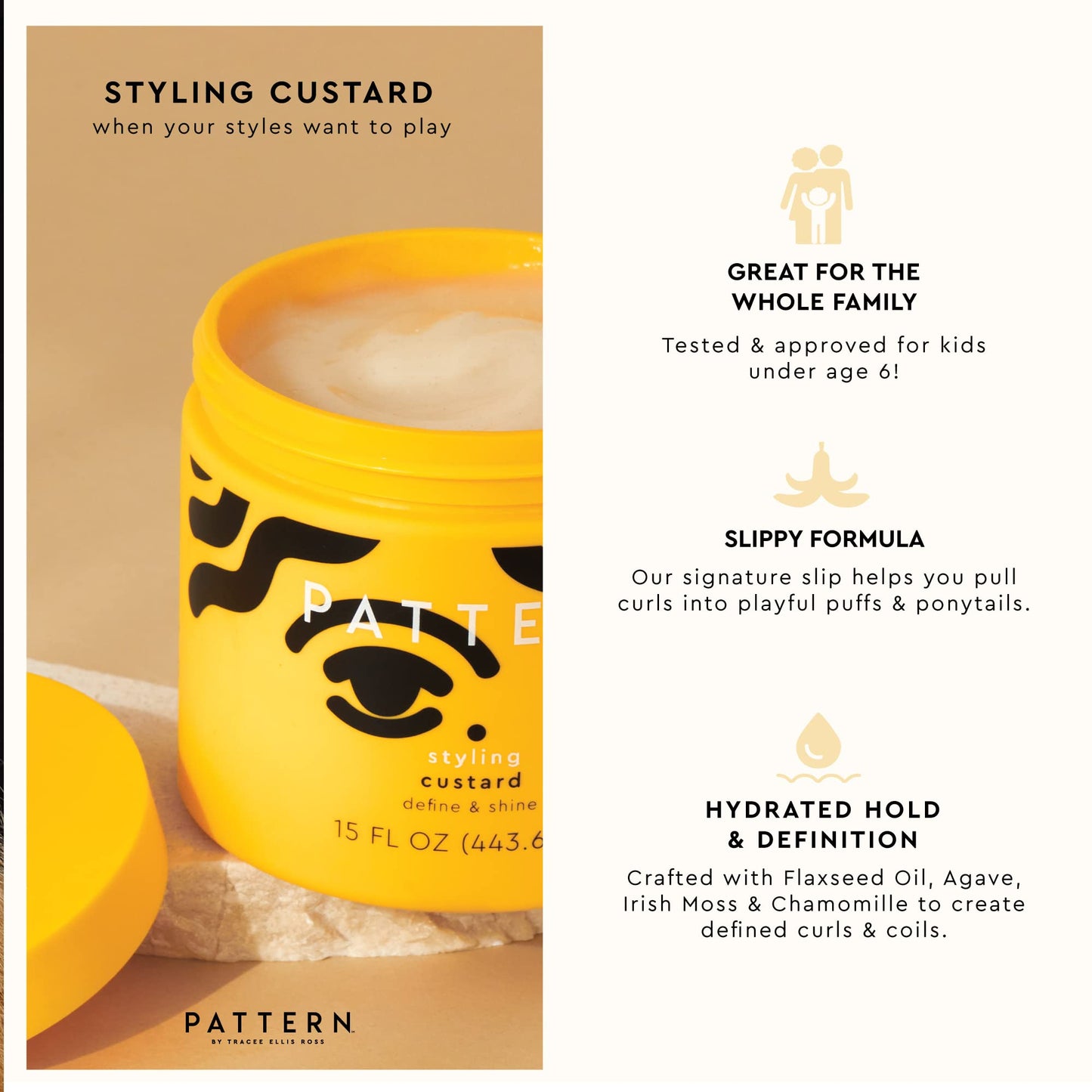 PATTERN Beauty by Tracee Ellis Ross Styling Custard, 15 Fl Oz, Best for Curlies, Coilies and Tight-Textured Hair, 3a-4c