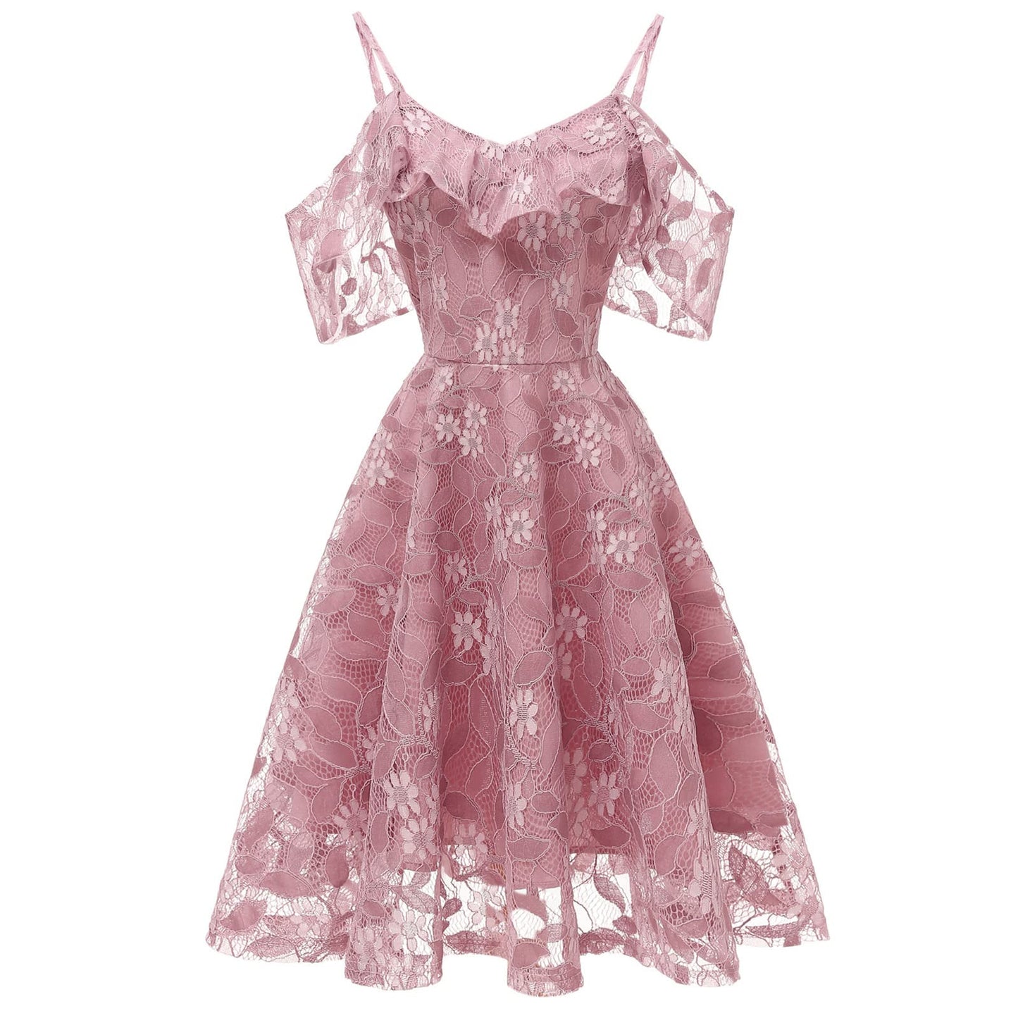 Women Floral Lace Bridesmaid Formal Party Dress Short Prom Dress V neck Spaghetti Strap Dress Cold Shoulder Ruffle Sleeve Dress Retro Backless Knee Length Wedding Guest Evening Cocktail Dress Pink M