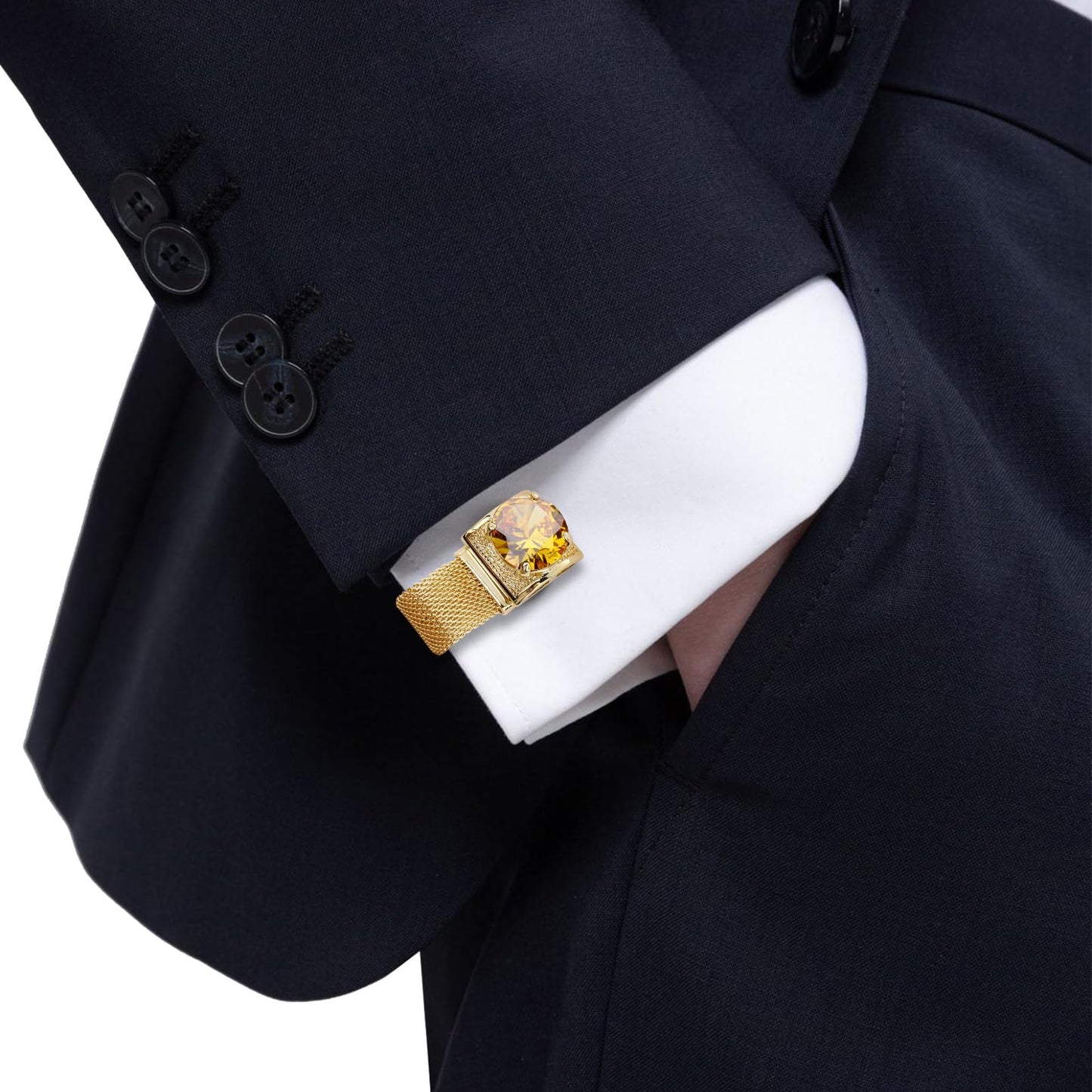 Birthstone Cufflinks for Men with Chain - Shiny Gold Tone Shirt cuff links -Wedding Business Birthday Christmas Gifts for Men.