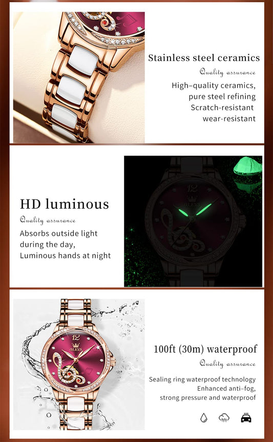 OLEVS Women Diamond Watch Automatic Self Winding Mechanical Ladies Skeleton Rose Gold Ceramic Wrist Watch