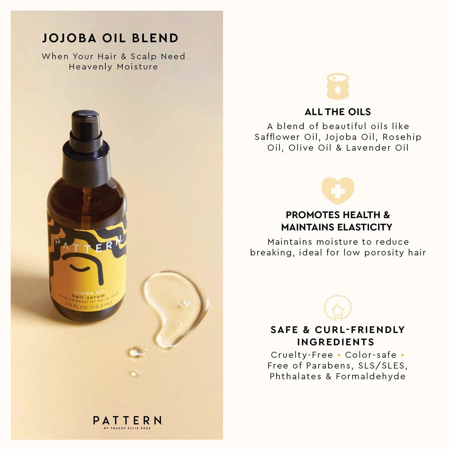 PATTERN Beauty by Tracee Ellis Ross Jojoba Hair Serum, 3.9 Fl Oz, Safflower, Jojoba, Rosehip, Olive & Lavender Oils, Lightweight Moisture Boost for Hair and Scalp