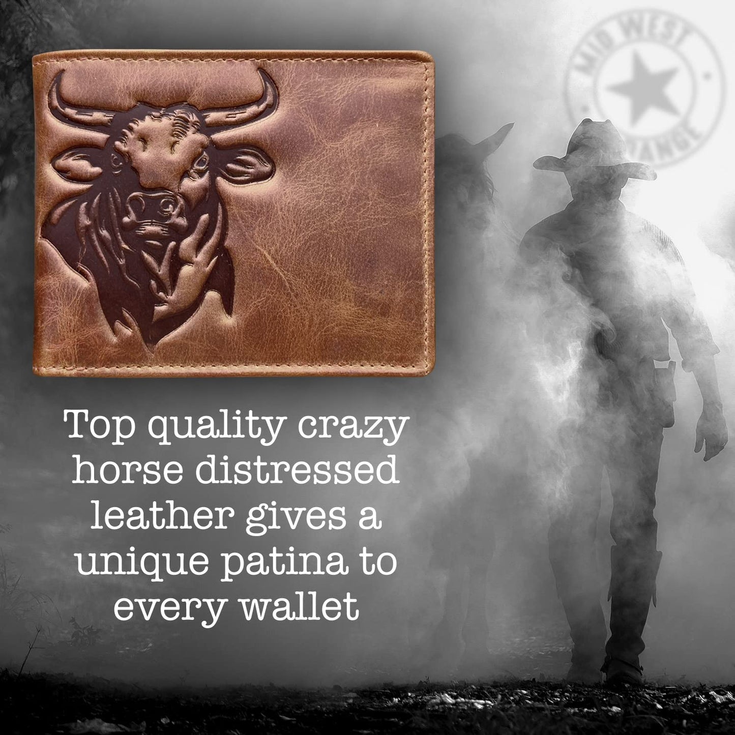 MID WEST RANGE Western Wallet For Men - Full Grain Leather Rodeo Bull Bifold Wallet For Cowboys - Mens RFID Wallet - Cowboy Wallet - Gifts For Him